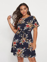Women Plus Size Self Belted Floral Dress