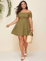 Women Plus Size Frill Trim Shirred Detail Gingham Bardot Dress