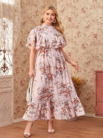 Women Plus Size Frill Neck Flounce Hem Floral Maxi Dress