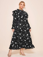 Women Plus Size All Over Print Ruffle Trim Dress