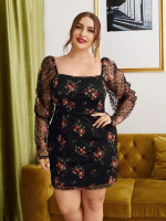 Women Plus Size Sheer Gigot Sleeve Floral Mesh Fitted Dress