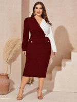 Women Plus Size Two Tone Notched Collar Buttoned Detail Dress