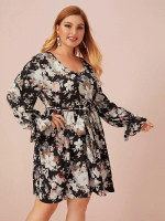 Women Plus Size V-neck Ruffle Cuff Floral Print Belted Dress