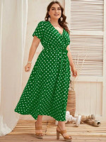 Women Plus Size Polka Dot Belted A-line Dress
