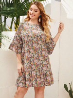 Women Plus Size Allover Floral Print Ruffle Cuff and Hem Smock Dress
