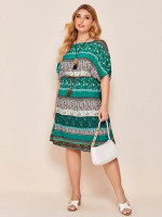 Women Plus Size Ditsy Floral & Tribal Print Batwing Sleeve Belted Dress
