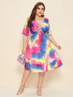 Women Plus Size Tie Dye Twist Front A-line Dress
