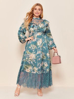 Women Plus Size Ruffle Trim Lace Yoke Floral Print Dress