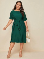 Women Plus Size Roll Up Sleeve Belted Dress