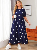 Women Plus Size Polka Dot Print Boxy Pleated Dress