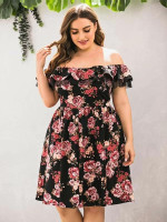 Women Plus Size Bardot Ruffle Trim Allover Floral Print Dress