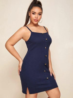 Women Plus Size Buttoned Front Split Side Slip Dress