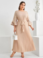 Women Plus Sequin Bell Sleeve Belted Pleated Dress