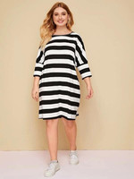 Women Plus Size Striped Print Slant Pocket Dress