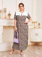 Women Plus Size Tie Front Ruffle Trim Floral A-line Dress