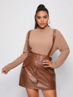 Women Plus Size Buttoned Front Flap Detail PU Leather Overall Dress