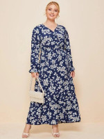 Women Plus Size Allover Floral Surplice Front A-line Dress
