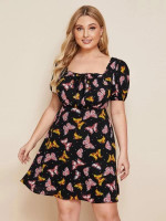 Women Plus Size Tie Front Allover Butterfly Print Dress
