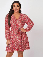 Women Plus Size Ditsy Floral Belted Dress