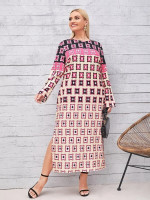 Women Plus Geo Print Colorblock Split Hem Dress