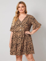 Women Plus Size Flounce Sleeve Buttoned Front Allover Print Smock Dress