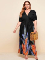 Women Plus Size Feather Print Ruched Batwing Sleeve A-line Dress