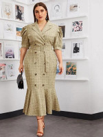 Women Plus Size Puff Sleeve Buckle Belted Fishtail Hem Plaid Dress