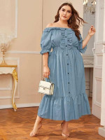 Women Plus Size Ruffle Trim Shirred Waist Button Front Bardot Dress