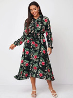 Women Plus Size Button Front Floral & Tropical Belted Dress