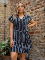 Women Plus Size Double Breasted Self Belted Striped Dress