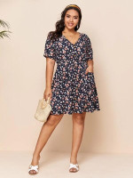 Women Plus Size Single Breasted Floral Print Dress