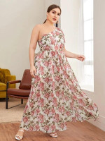 Women Plus Size One Shoulder Allover Floral Print Maxi Dress