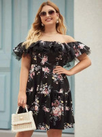 Women Plus Size Floral Print Ruffle Trim Bardot A-line Dress