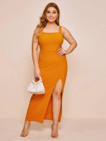 Women Plus Size Split Thigh Solid Maxi Dress