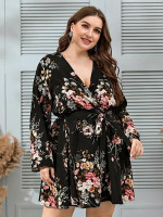 Women Plus Size Floral Print Self Tie Surplice Dress