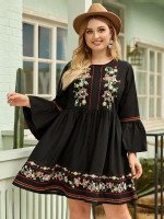 Women Plus Size Bell Sleeve Floral Embroidered Dress