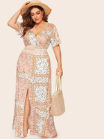 Women Plus Size Paisley Print Frill Split Surplice Dress