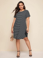 Women Plus Size Embroidered Applique Detail Curved Hem Striped Dress