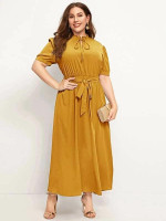 Women Plus Size Tie Front Frill Detail Belted Dress