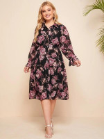 Women Plus Size Button Front Ruffle Hem Floral Dress