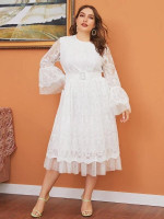 Women Plus Size Flounce Sleeve Buckle Belted Embroidery Mesh Overlay Dress