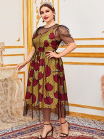 Women Plus Size Puff Sleeve Floral Print Dobby Mesh Overlay Dress