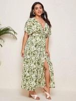 Women Plus Size Batwing Sleeve Twist Front Split Floral Dress