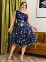 Women Plus Size Star Sequin Embroidered Mesh Dress
