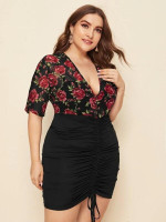 Women Plus Size Floral Print Drawstring Ruched Combo Dress
