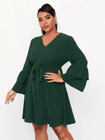 Women Plus Size V-neck Tiered Layer Flounce Sleeve Belted Dress