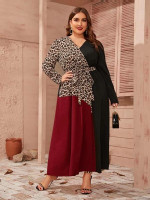 Women Plus Size Surplice Wrap Belted Leopard Print Colorblock Dress