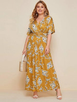 Women Plus Size Surplice Neck Ruched Waist Floral Print Dress