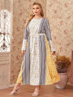 Women Plus Size Bell Sleeve Floral & Striped Print Belted Dress