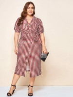 Women Plus Size Shawl Collar Knot Side Houndstooth Dress